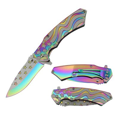 4.75" Rainbow USA Flag Spring Assist Titanium Coated Frame Lock Folding Knife